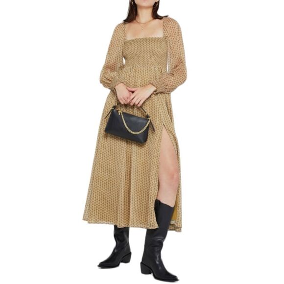 NEW OPT‎ classic smocked square neckline maxi dress geo print with slit S - Picture 1 of 10